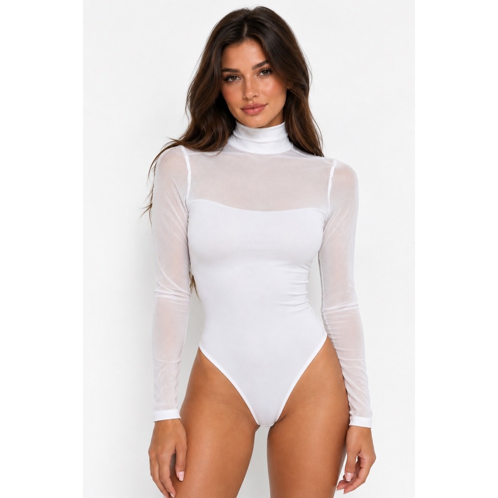 Hera Collection White Sheer Mesh Mock Neck Long Sleeve Bodysuit Size S Y2K